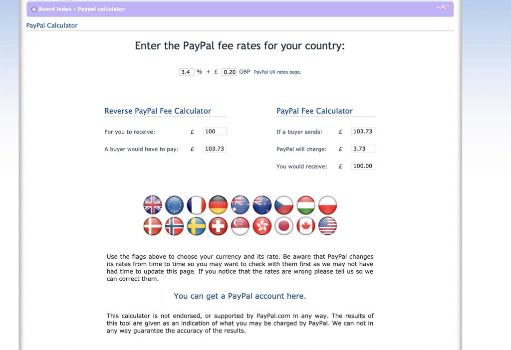 Paypal fees calculator screenshot